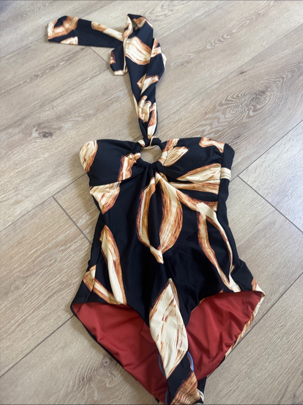 DKNY Black One-Piece Swimsuit with Tan Floral Print